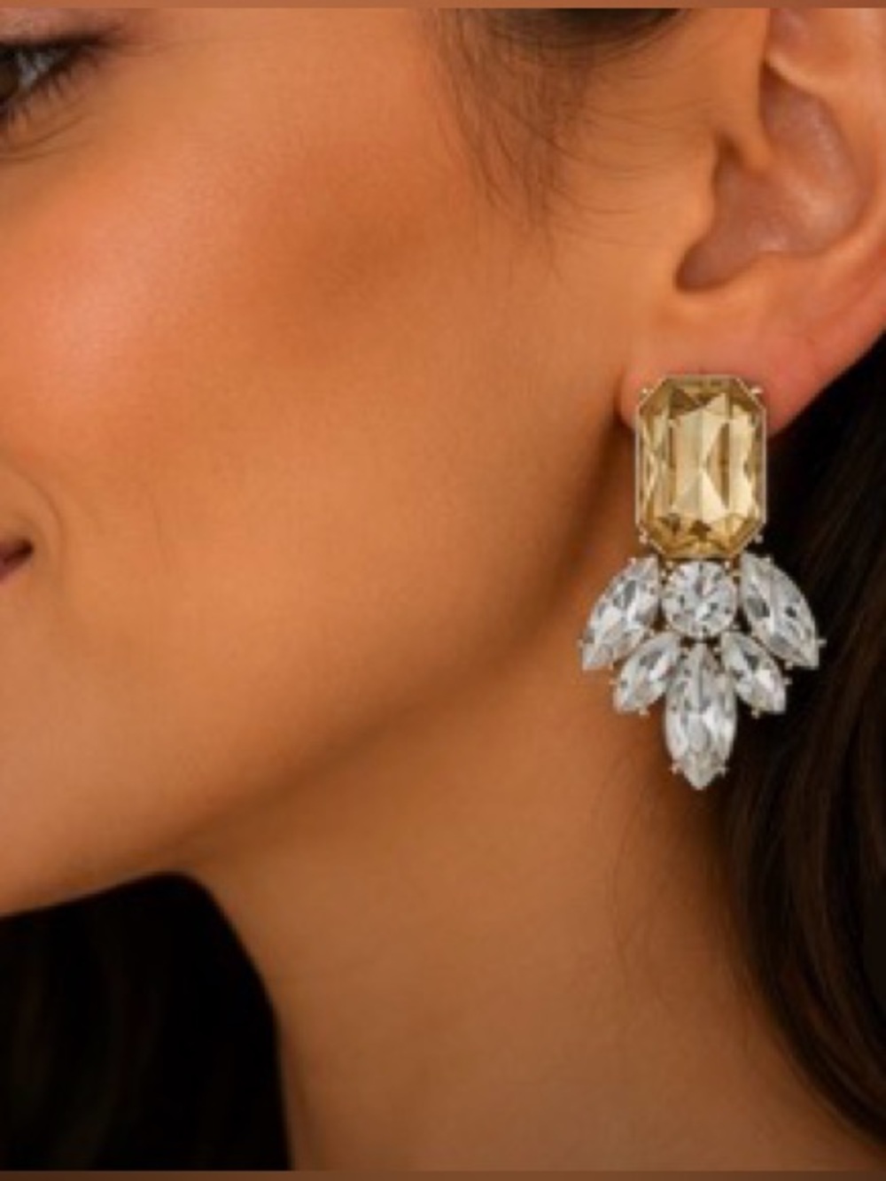 JAFRA Champagne & Clear Crystal Statement Drop Earrings Gold Tone NWOT